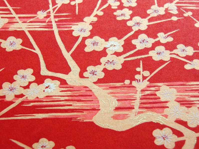 Japanese Paper Yuzen Plum Blossoms. Orange with White and Gold on Red. Chiyogami image 6