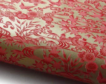 NEW! Japanese Paper Yuzen "Birds in Blossoms and Leaves. Red on Gold." Chiyogami