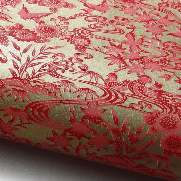 NEW! Japanese Paper Yuzen "Birds in Blossoms and Leaves. Red on Gold." Chiyogami 