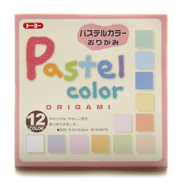Papel origami "Pastel" liso, 12 colores, 60 hojas, 15 x 15 cm, dorso blanco