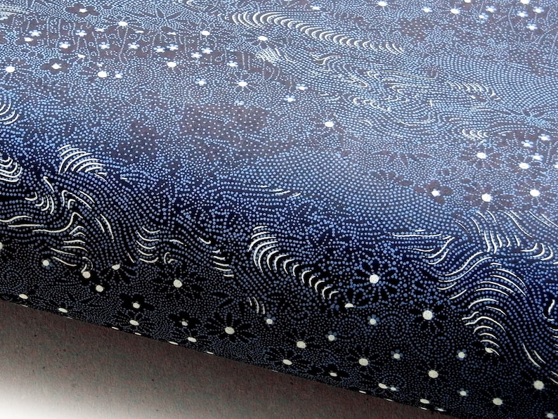 Japanese Paper Yuzen Flowering Meadow Blue and White on Black NEW Chiyogami