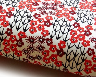 Japanese Paper Katazome shi "Field of Flowers. Orange Red, Reddish Brown and Black on Natural White."