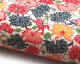 Japanese Paper Katazome shi "Chrysanthemums. Red, Pink, Orange, Blue and Green on Natural White."