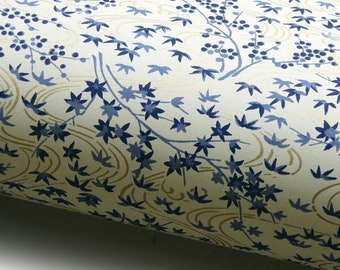 Japanese Paper Chiyogami Yuzen "Lotus, Maple Leaves and Blooming Branches. Blue and Gold on Ivory."