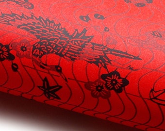 Japanese Paper Katazome shi "Cranes, Plum Blossoms, Pine and Maple. Black on Red."