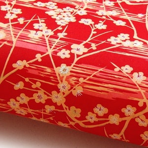 Japanese Paper Yuzen Plum Blossoms. Orange with White and Gold on Red. Chiyogami image 1