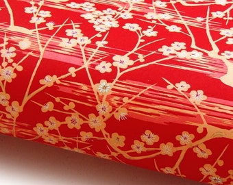 Japanese Paper Yuzen "Plum Blossoms. Orange with White and Gold on Red." Chiyogami