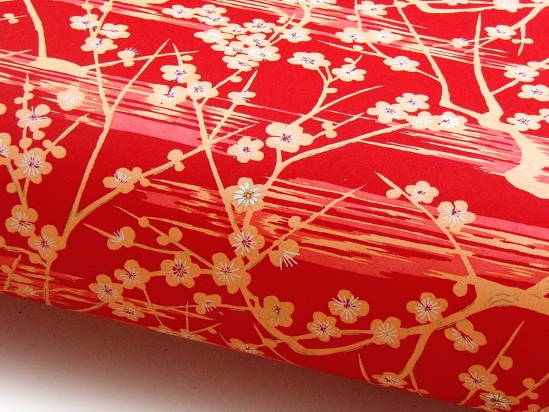 Japanese Paper Yuzen Plum Blossoms. Orange with White and Gold on Red. Chiyogami image 1