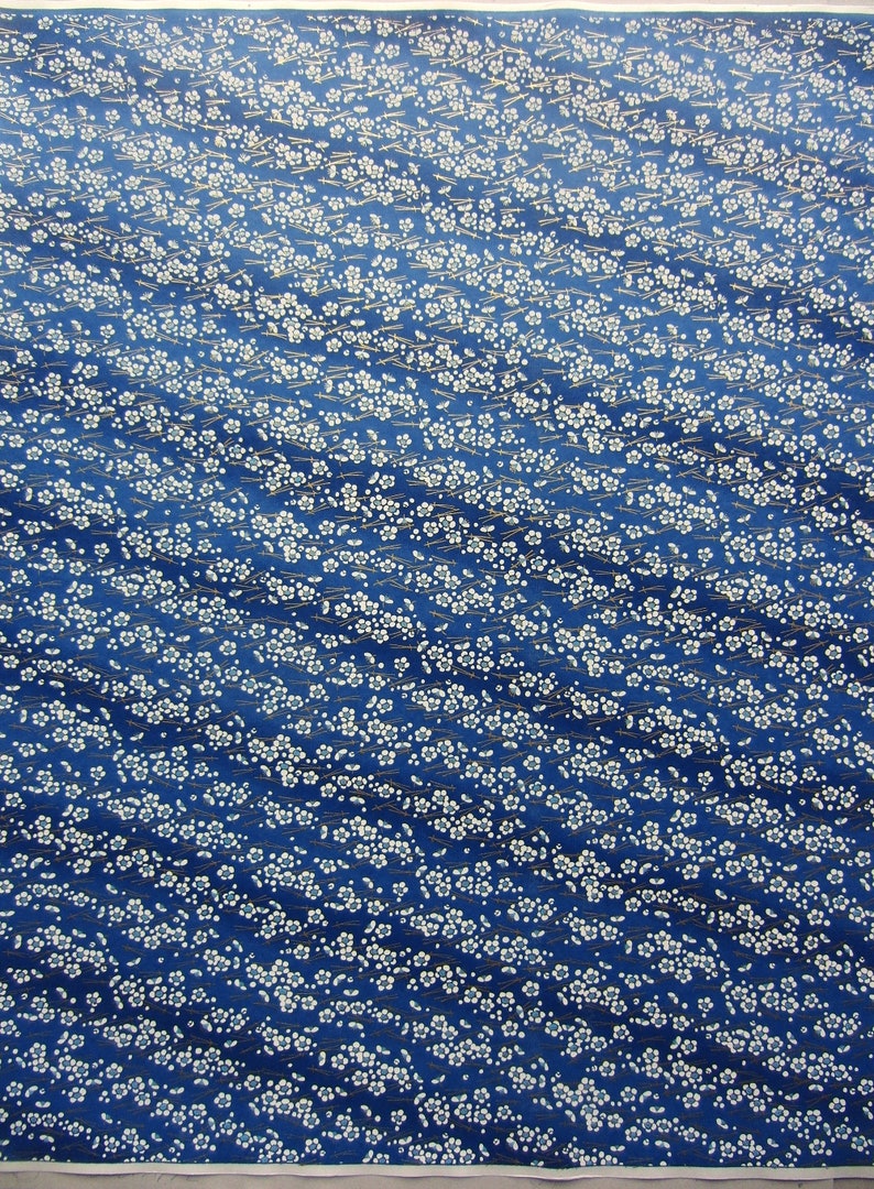 Japanese Paper Yuzen Plum Blossoms and Pine Needles. White and Gold on Blue Chiyogami image 4