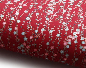 Japanese Paper Chiyogami Yuzen "Plum Blossoms. Light Blue and Pink on Dark Red."