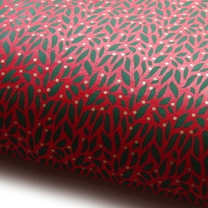 Lokta Paper &quot;Leaves and Berries&quot;. Lacquer Red/Green/Gold. Handmade Nepalese Paper. Silk Screen Printed.