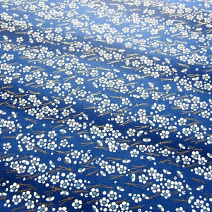 Japanese Paper Yuzen Plum Blossoms and Pine Needles. White and Gold on Blue Chiyogami image 2