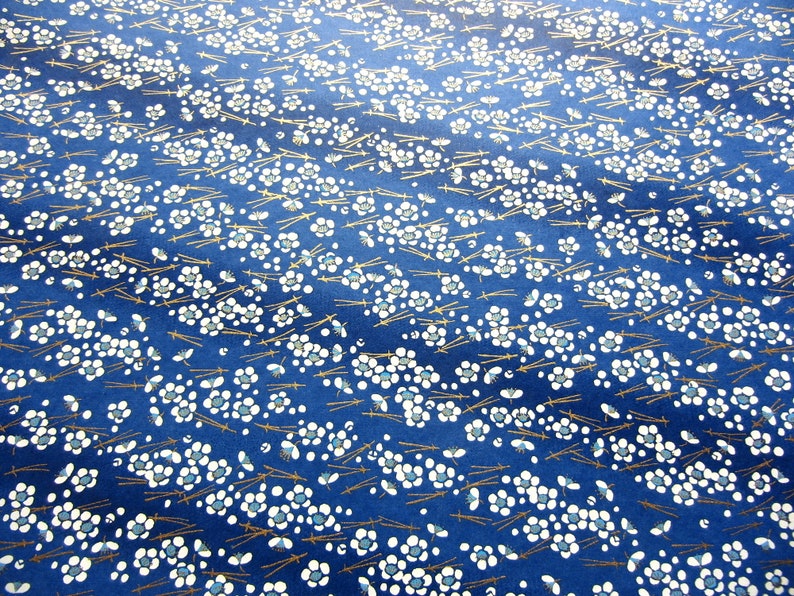 Japanese Paper Yuzen Plum Blossoms and Pine Needles. White and Gold on Blue Chiyogami image 2