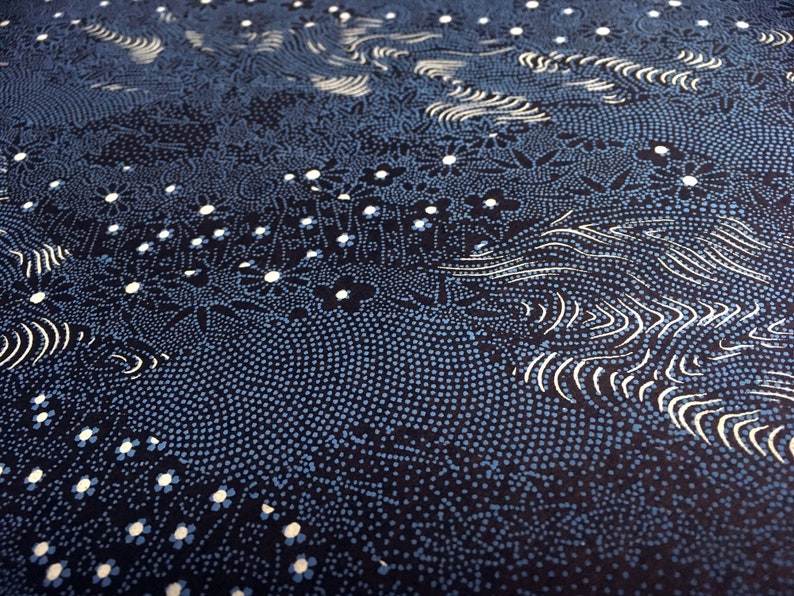 Japanese Paper Yuzen Flowering Meadow Blue and White on Black NEW Chiyogami
