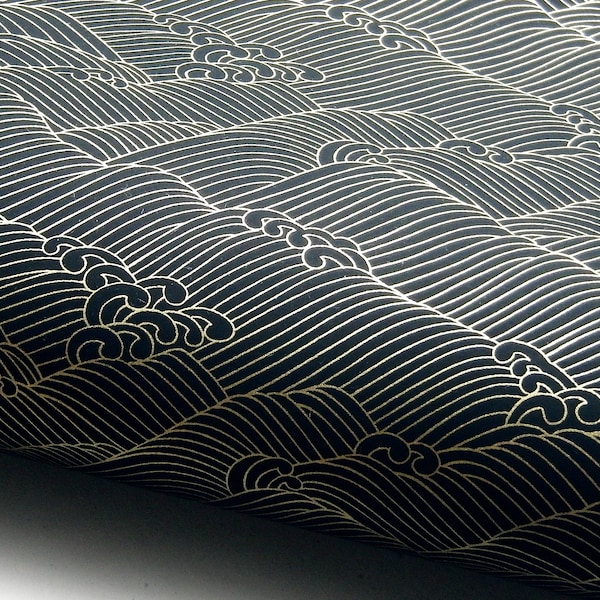 NEW! Japanese Paper Yuzen "Waves. Gold on Black." Chiyogami