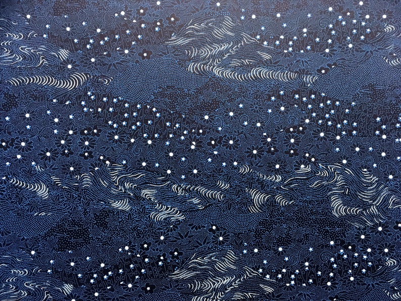 Japanese Paper Yuzen Flowering Meadow Blue and White on Black NEW Chiyogami