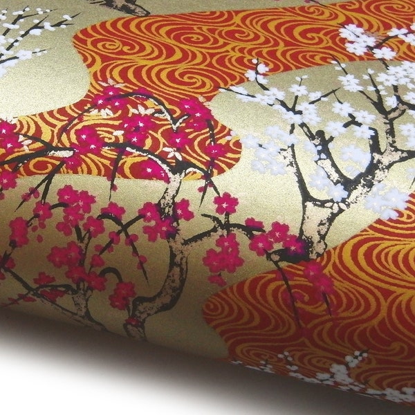Japanese Paper Yuzen "Red and White Plum Blossoms. Based on a picture  by Ogata Korin." Chiyogami