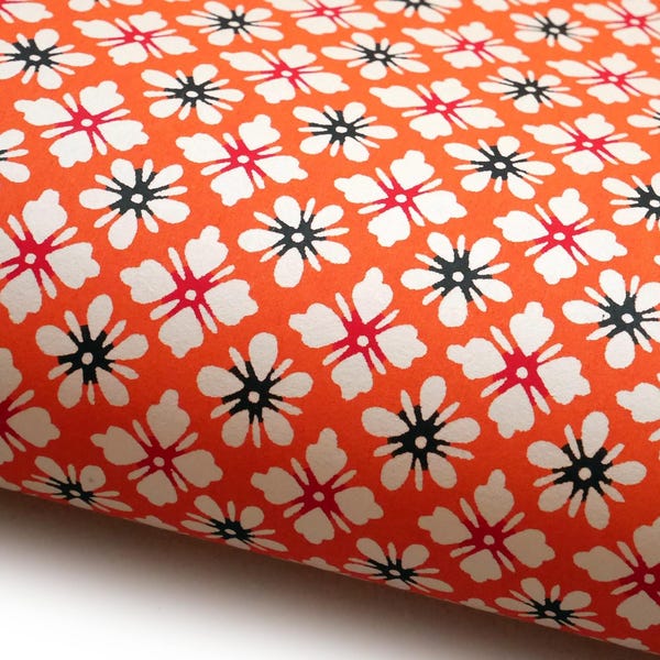 Japanese Paper Katazome shi "Blossoms. White, Red and Black on Orange."