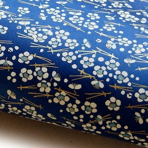 Japanese Paper Yuzen Plum Blossoms and Pine Needles. White and Gold on Blue Chiyogami image 7
