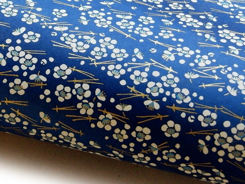 Japanese Paper Yuzen Plum Blossoms and Pine Needles. White and Gold on Blue Chiyogami image 7