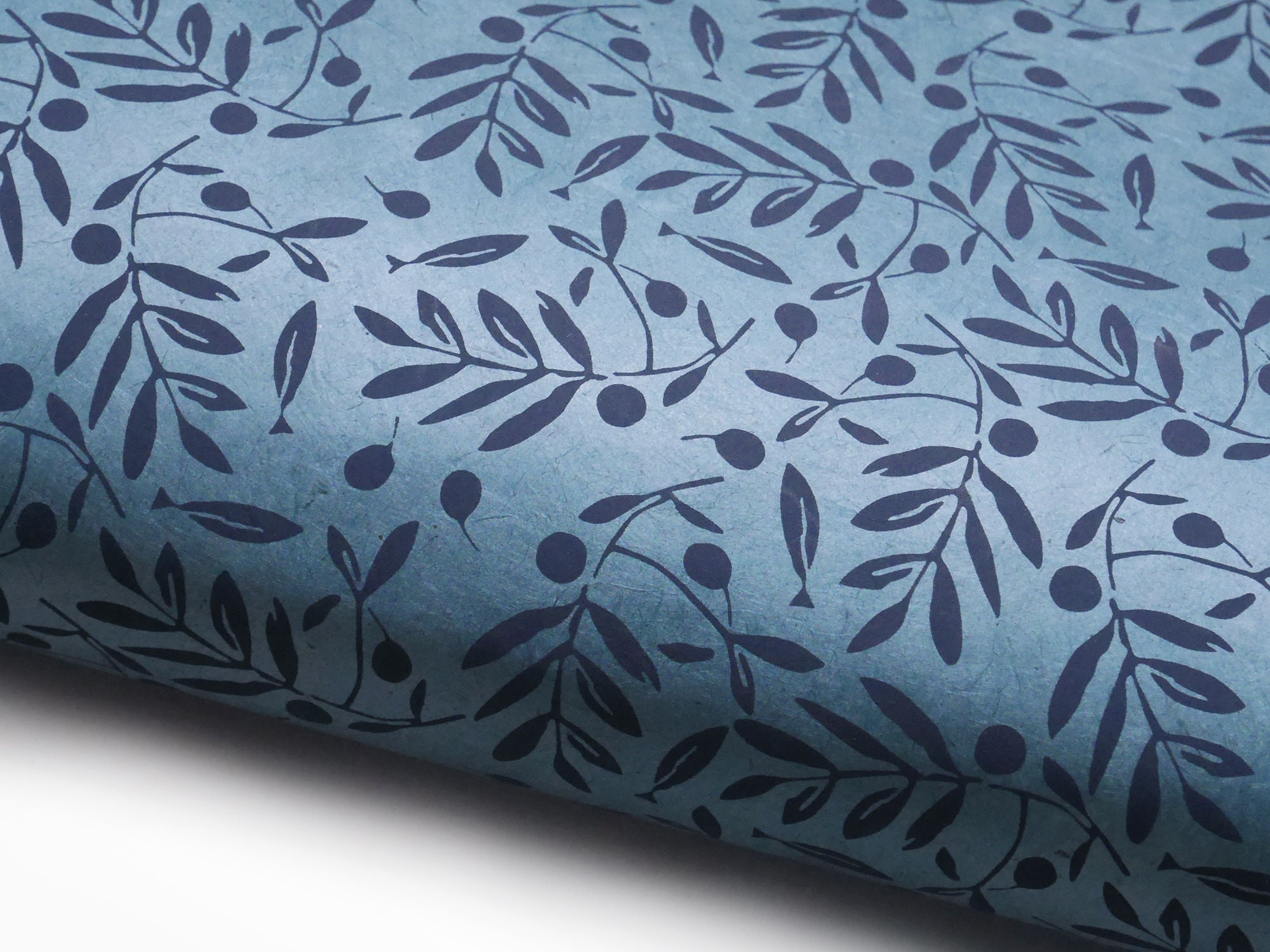 Lokta Paper "Olive Branch". Blue/Dark Blue. Handmade Nepalese Paper. Silk Screen Printed.