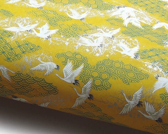 NEW! Japanese Paper Yuzen "Flying Cranes on Pattern Mix. White, Turquoise and Silver on Yellow." Chiyogami