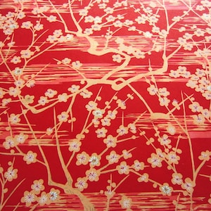 Japanese Paper Yuzen Plum Blossoms. Orange with White and Gold on Red. Chiyogami image 2