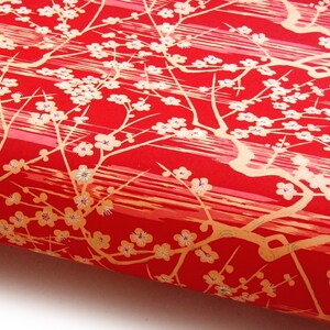 Japanese Paper Yuzen Plum Blossoms. Orange with White and Gold on Red. Chiyogami image 5