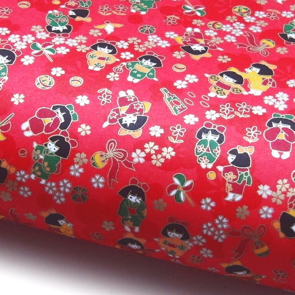 Japanese Paper Yuzen "Kimono Girls with Cherry Blossoms, Temari Balls and Hanetsuki on Pink." Chiyogami