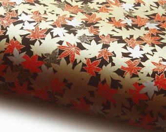 Japanese Paper Yuzen "Maple Leaves. Red, Gold and Silver on Black." Chiyogami