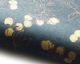 Lokta Paper &quot;Cherry Blossoms&quot;. Grey/Gold/Copper. Handmade Nepalese Paper. Silk Screen Printed.