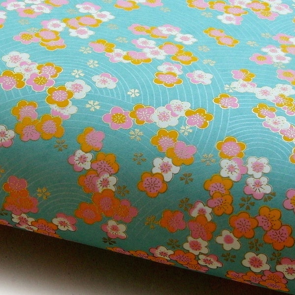 Japanese Paper Yuzen "Cherry- and Plum Blossoms on Waves. Gold, Orange, Light Pink and White on Turquoise." Chiyogami  