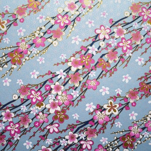 Japanese Paper Yuzen "Cherry Branches in Flowing Water. Pink, White and Gold on Light Blue." Chiyogami