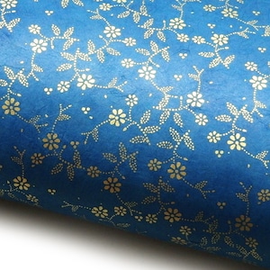 Carta Lokta "Fiori a pois". Blu/Oro. Carta nepalese fatta a mano, stampata.