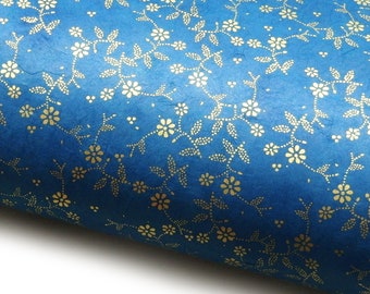 Lokta Paper "Dotted Flowers". Blue/Gold. Handmade Nepalese Paper. Silk Screen Printed.