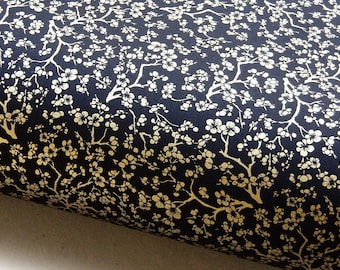 Japanese Paper Yuzen "Blooming Plum Branches. Gold on Black." Chiyogami