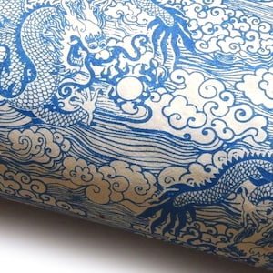 Lokta Paper "Dragons and Clouds". Natural White/Blue. Handmade Nepalese Paper. Silk Screen Printed.