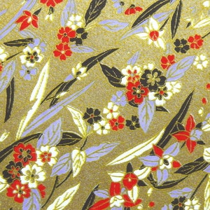 Japanese Paper Yuzen Blossoms and Leaves in Stream. Red, White, Black, Violet Blue and Gold on Gold. Chiyogami image 5