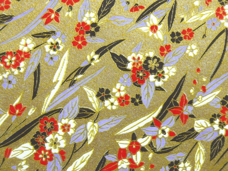 Japanese Paper Yuzen Blossoms and Leaves in Stream. Red, White, Black, Violet Blue and Gold on Gold. Chiyogami image 5