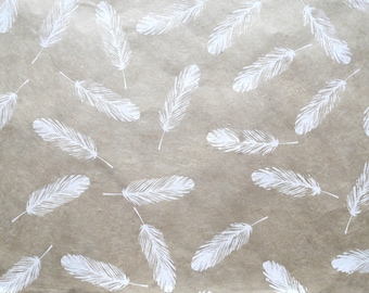 Lokta Paper "Feathers". Light Grey/White. Handmade Nepalese Paper. Silk Screen Printed.