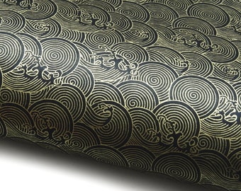 Papel lokta "Olas del Mar". Negro/Dorado. Papel nepalí hecho a mano, impreso.