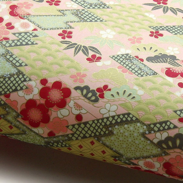 NEW! Japanese Paper Yuzen "Japanese Garden. Pattern Mix. Pink, Green and Yellow." Chiyogami