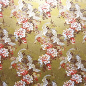 Japanese Paper Yuzen Dancing Cranes and Peonies. Red, Brown, White and Gold on Gold. Chiyogami image 2