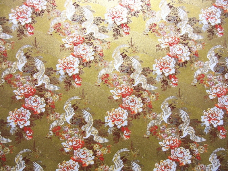 Japanese Paper Yuzen Dancing Cranes and Peonies. Red, Brown, White and Gold on Gold. Chiyogami image 2