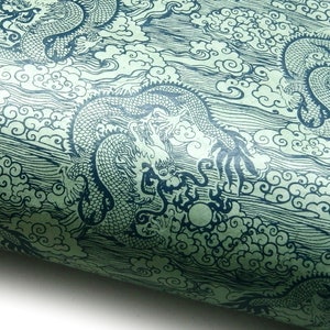 Lokta Paper "Dragons and Clouds". Reed Green/Blue. Handmade Nepalese Paper. Silk Screen Printed.