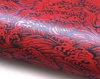 Japanese Lacquered Paper "Konami - Waves. Red on Black." Yuzen