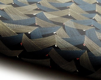 Japanese Paper Chiyogami Yuzen "Waves. Gold and Blue on Black."