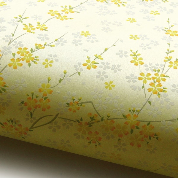 Japanese Paper Yuzen "White and Yellow Cherry Blossoms on Light Yellow." Chiyogami 
