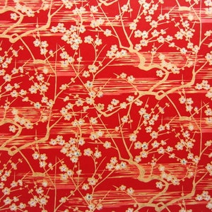Japanese Paper Yuzen Plum Blossoms. Orange with White and Gold on Red. Chiyogami image 3