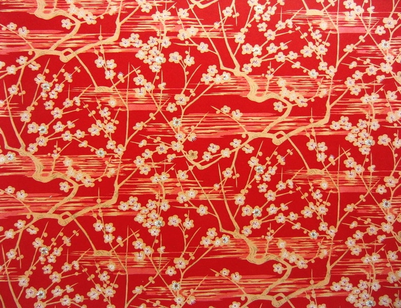 Japanese Paper Yuzen Plum Blossoms. Orange with White and Gold on Red. Chiyogami image 3